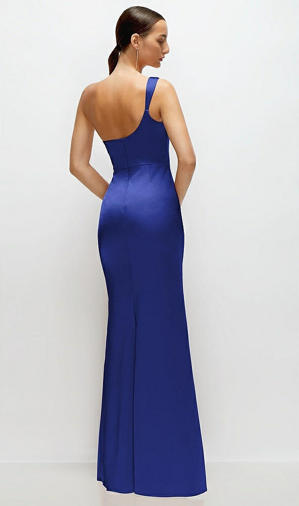 Back View - Cobalt Blue One-Shoulder Cat-Eye Neckline Fit and Flare Satin Maxi Dress