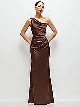 Front View Thumbnail - Cognac One-Shoulder Cat-Eye Neckline Fit and Flare Satin Maxi Dress