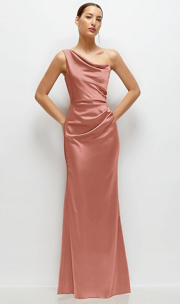 Front View - Desert Rose One-Shoulder Cat-Eye Neckline Fit and Flare Satin Maxi Dress