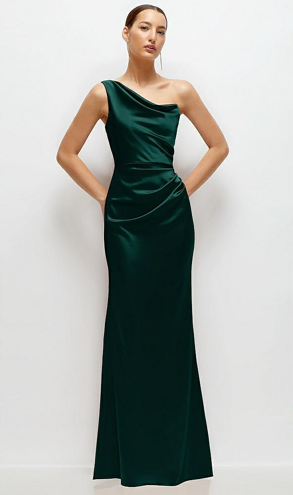 Front View - Evergreen One-Shoulder Cat-Eye Neckline Fit and Flare Satin Maxi Dress