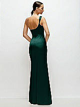 Rear View Thumbnail - Evergreen One-Shoulder Cat-Eye Neckline Fit and Flare Satin Maxi Dress