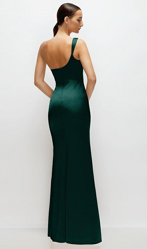 Back View - Evergreen One-Shoulder Cat-Eye Neckline Fit and Flare Satin Maxi Dress