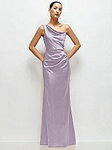 Front View Thumbnail - Lilac Haze One-Shoulder Cat-Eye Neckline Fit and Flare Satin Maxi Dress