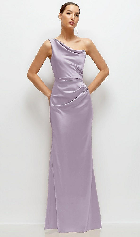 Front View - Lilac Haze One-Shoulder Cat-Eye Neckline Fit and Flare Satin Maxi Dress