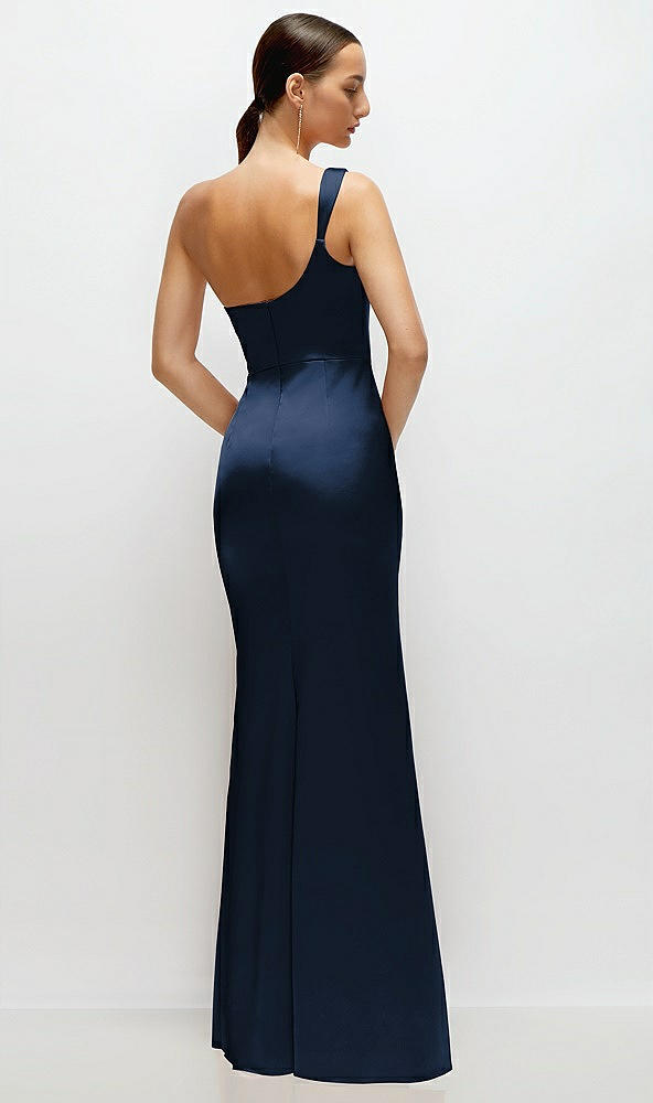 Back View - Midnight Navy One-Shoulder Cat-Eye Neckline Fit and Flare Satin Maxi Dress