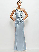 Front View Thumbnail - Mist One-Shoulder Cat-Eye Neckline Fit and Flare Satin Maxi Dress