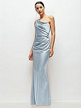 Side View Thumbnail - Mist One-Shoulder Cat-Eye Neckline Fit and Flare Satin Maxi Dress