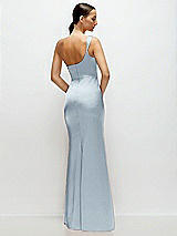 Rear View Thumbnail - Mist One-Shoulder Cat-Eye Neckline Fit and Flare Satin Maxi Dress