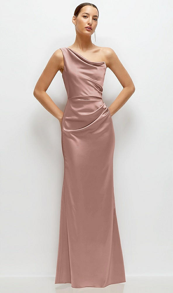 Front View - Neu Nude One-Shoulder Cat-Eye Neckline Fit and Flare Satin Maxi Dress