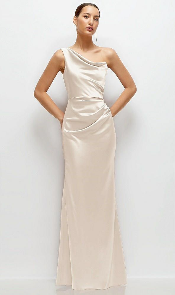 Front View - Oat One-Shoulder Cat-Eye Neckline Fit and Flare Satin Maxi Dress