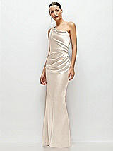 Side View Thumbnail - Oat One-Shoulder Cat-Eye Neckline Fit and Flare Satin Maxi Dress