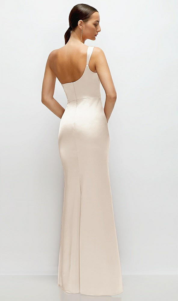 Back View - Oat One-Shoulder Cat-Eye Neckline Fit and Flare Satin Maxi Dress