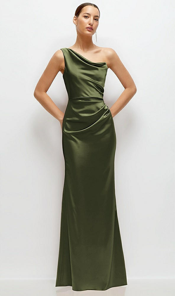 Front View - Olive Green One-Shoulder Cat-Eye Neckline Fit and Flare Satin Maxi Dress