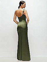 Rear View Thumbnail - Olive Green One-Shoulder Cat-Eye Neckline Fit and Flare Satin Maxi Dress