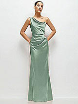 Front View Thumbnail - Seagrass One-Shoulder Cat-Eye Neckline Fit and Flare Satin Maxi Dress