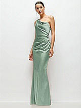 Side View Thumbnail - Seagrass One-Shoulder Cat-Eye Neckline Fit and Flare Satin Maxi Dress