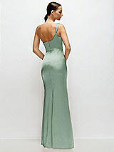 Rear View Thumbnail - Seagrass One-Shoulder Cat-Eye Neckline Fit and Flare Satin Maxi Dress