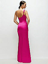 Rear View Thumbnail - Think Pink One-Shoulder Cat-Eye Neckline Fit and Flare Satin Maxi Dress