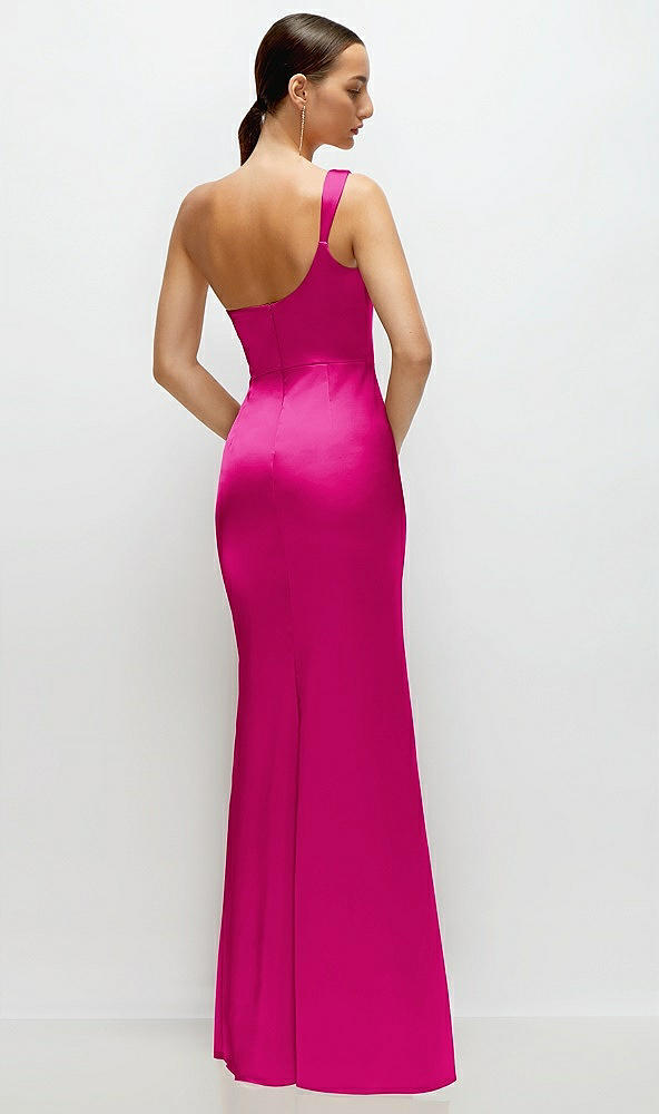 Back View - Think Pink One-Shoulder Cat-Eye Neckline Fit and Flare Satin Maxi Dress