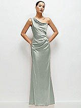 Front View Thumbnail - Willow Green One-Shoulder Cat-Eye Neckline Fit and Flare Satin Maxi Dress