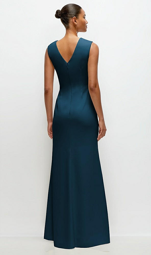 Back View - Atlantic Blue Sleeveless Cap Shoulder Crepe Maxi Dress with Trumpet Skirt