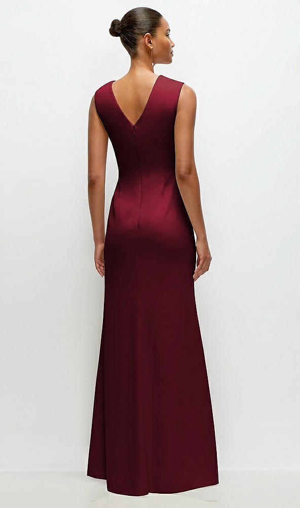 Back View - Burgundy Sleeveless Cap Shoulder Crepe Maxi Dress with Trumpet Skirt