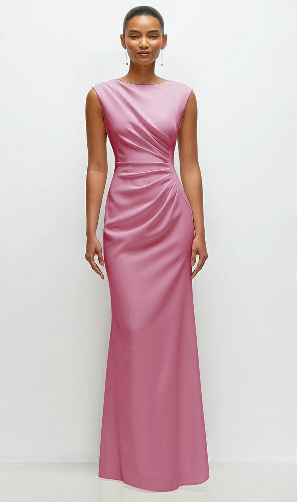 Front View - Powder Pink Sleeveless Cap Shoulder Crepe Maxi Dress with Trumpet Skirt