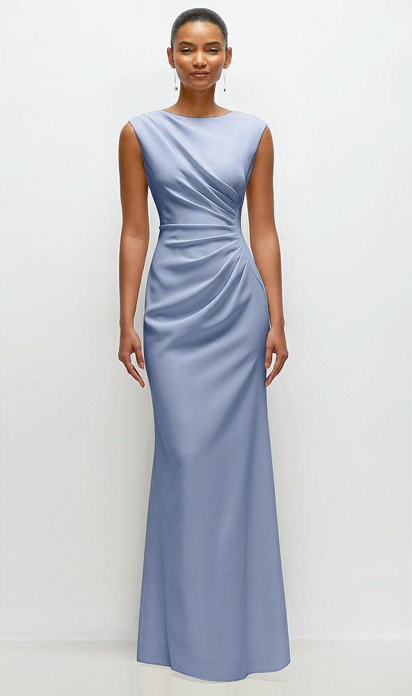 Front View - Sky Blue Sleeveless Cap Shoulder Crepe Maxi Dress with Trumpet Skirt