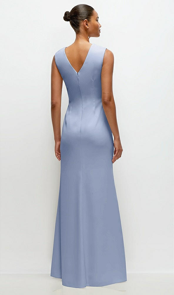 Back View - Sky Blue Sleeveless Cap Shoulder Crepe Maxi Dress with Trumpet Skirt