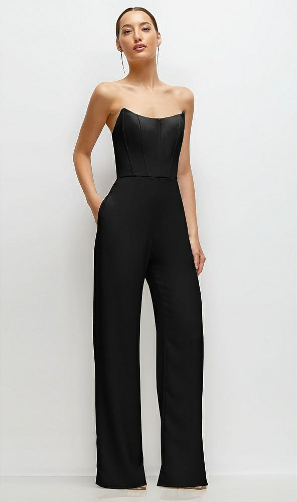 Front View - Black Strapless Cat-Eye Corset Crepe Wedding Jumpsuit