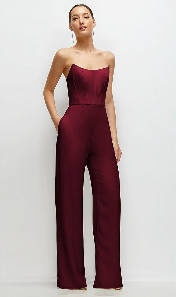 Front View - Burgundy Strapless Cat-Eye Corset Crepe Wedding Jumpsuit