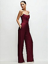 Side View Thumbnail - Burgundy Strapless Cat-Eye Corset Crepe Wedding Jumpsuit