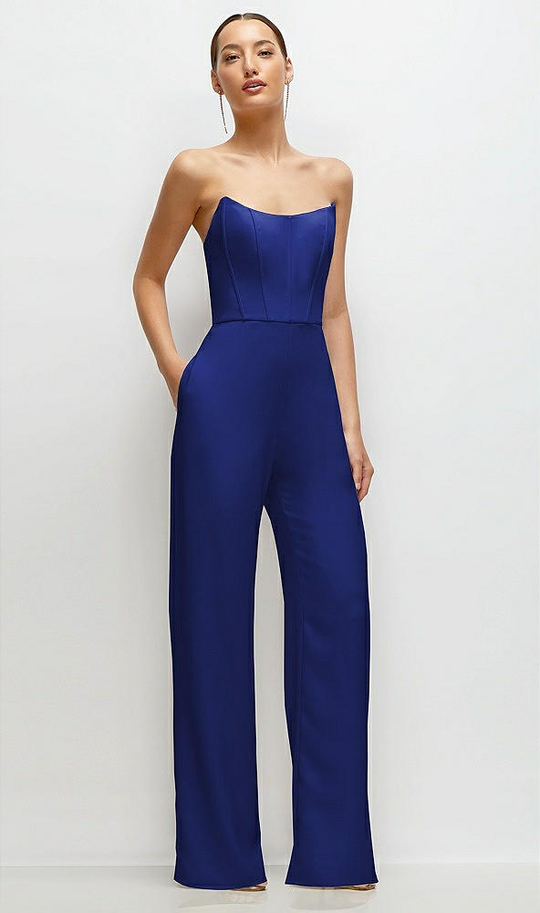 Front View - Cobalt Blue Strapless Cat-Eye Corset Crepe Wedding Jumpsuit