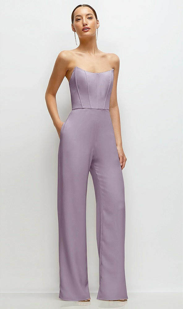 Front View - Lilac Haze Strapless Cat-Eye Corset Crepe Wedding Jumpsuit