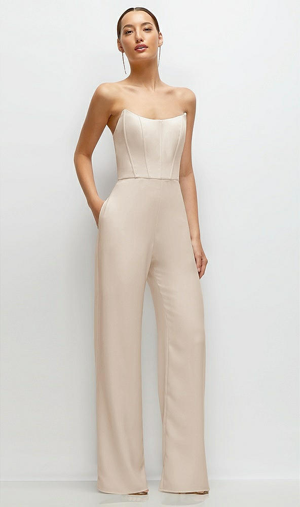 Front View - Oat Strapless Cat-Eye Corset Crepe Wedding Jumpsuit