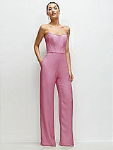 Front View Thumbnail - Powder Pink Strapless Cat-Eye Corset Crepe Wedding Jumpsuit