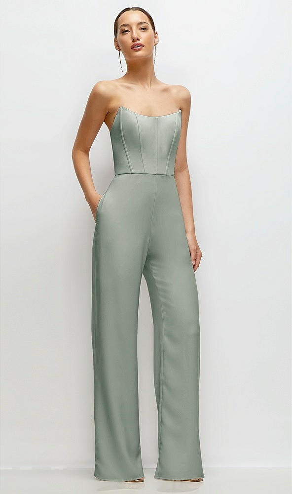 Front View - Willow Green Strapless Cat-Eye Corset Crepe Wedding Jumpsuit