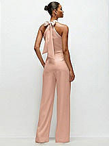 Rear View Thumbnail - Pale Peach Pleated Halter Blouson Crepe Wedding Jumpsuit with Self-Tie Bow Back