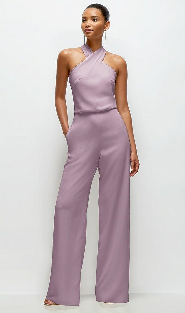 Front View - Suede Rose Pleated Halter Blouson Crepe Wedding Jumpsuit with Self-Tie Bow Back