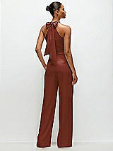 Rear View Thumbnail - Auburn Moon Pleated Halter Blouson Crepe Wedding Jumpsuit with Self-Tie Bow Back