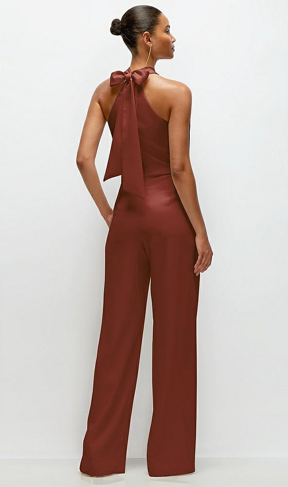 Back View - Auburn Moon Pleated Halter Blouson Crepe Wedding Jumpsuit with Self-Tie Bow Back