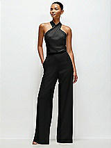 Front View Thumbnail - Black Pleated Halter Blouson Crepe Wedding Jumpsuit with Self-Tie Bow Back