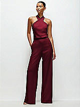 Front View Thumbnail - Burgundy Pleated Halter Blouson Crepe Wedding Jumpsuit with Self-Tie Bow Back