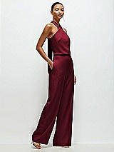 Side View Thumbnail - Burgundy Pleated Halter Blouson Crepe Wedding Jumpsuit with Self-Tie Bow Back