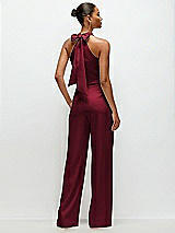 Rear View Thumbnail - Burgundy Pleated Halter Blouson Crepe Wedding Jumpsuit with Self-Tie Bow Back