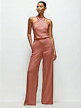 Front View Thumbnail - Desert Rose Pleated Halter Blouson Crepe Wedding Jumpsuit with Self-Tie Bow Back