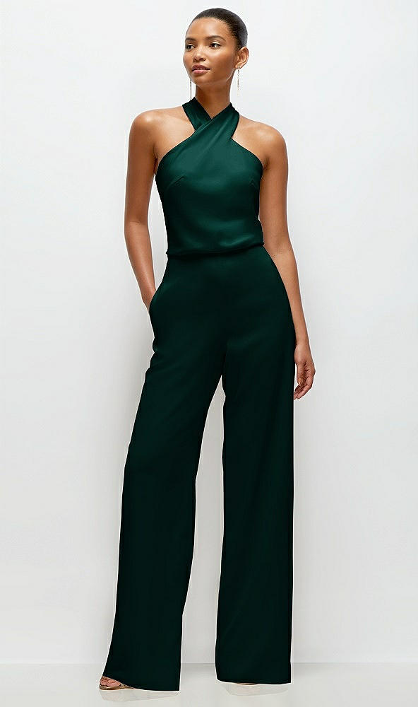 Front View - Evergreen Pleated Halter Blouson Crepe Wedding Jumpsuit with Self-Tie Bow Back