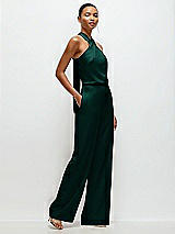 Side View Thumbnail - Evergreen Pleated Halter Blouson Crepe Wedding Jumpsuit with Self-Tie Bow Back