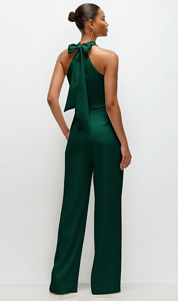 Back View - Hunter Green Pleated Halter Blouson Crepe Wedding Jumpsuit with Self-Tie Bow Back