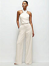 Front View Thumbnail - Ivory Pleated Halter Blouson Crepe Wedding Jumpsuit with Self-Tie Bow Back